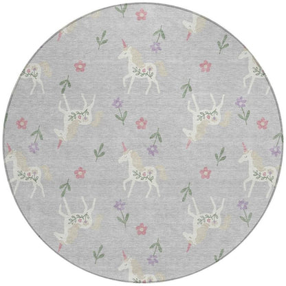 8' Silver And Ivory Round Floral Washable Indoor Outdoor Area Rug HomeRoots