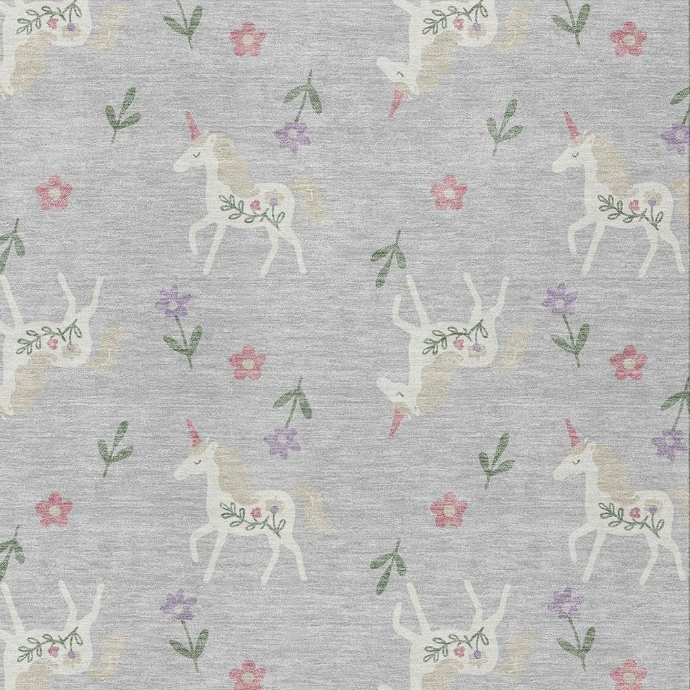 9' X 12' Silver And Ivory Floral Washable Indoor Outdoor Area Rug