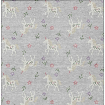 9' X 12' Silver And Ivory Floral Washable Indoor Outdoor Area Rug