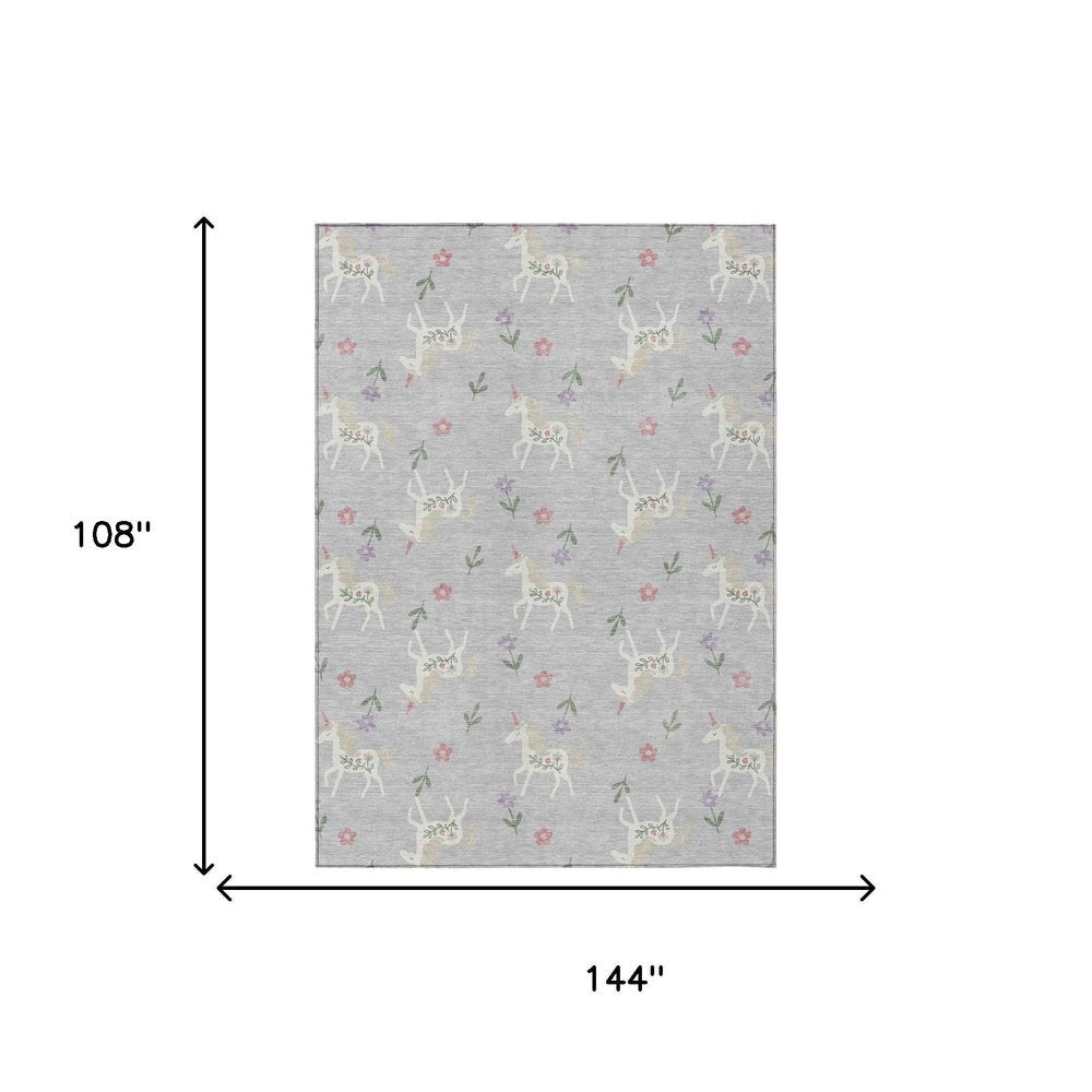 9' X 12' Silver And Ivory Floral Washable Indoor Outdoor Area Rug