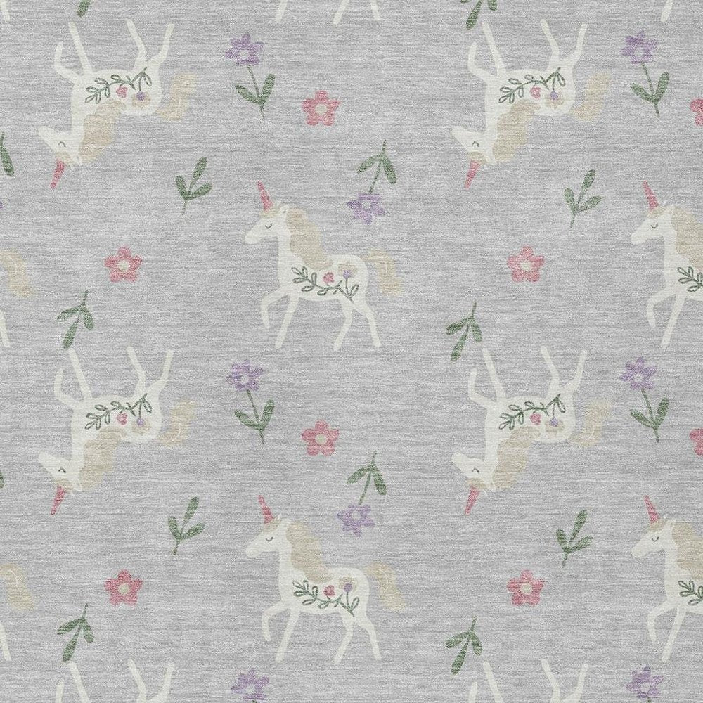 9' X 12' Silver And Ivory Floral Washable Indoor Outdoor Area Rug
