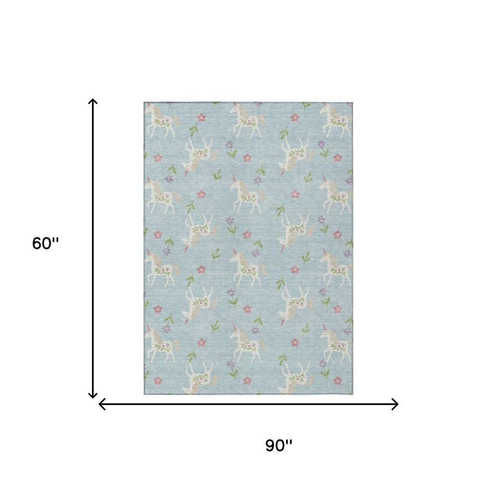 5' X 8' Sky Blue And Blue Floral Washable Indoor Outdoor Area Rug HomeRoots