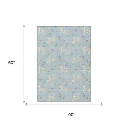 5' X 8' Sky Blue And Blue Floral Washable Indoor Outdoor Area Rug HomeRoots