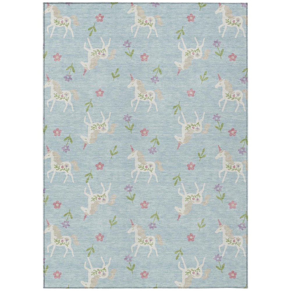5' X 8' Sky Blue And Blue Floral Washable Indoor Outdoor Area Rug — view 1