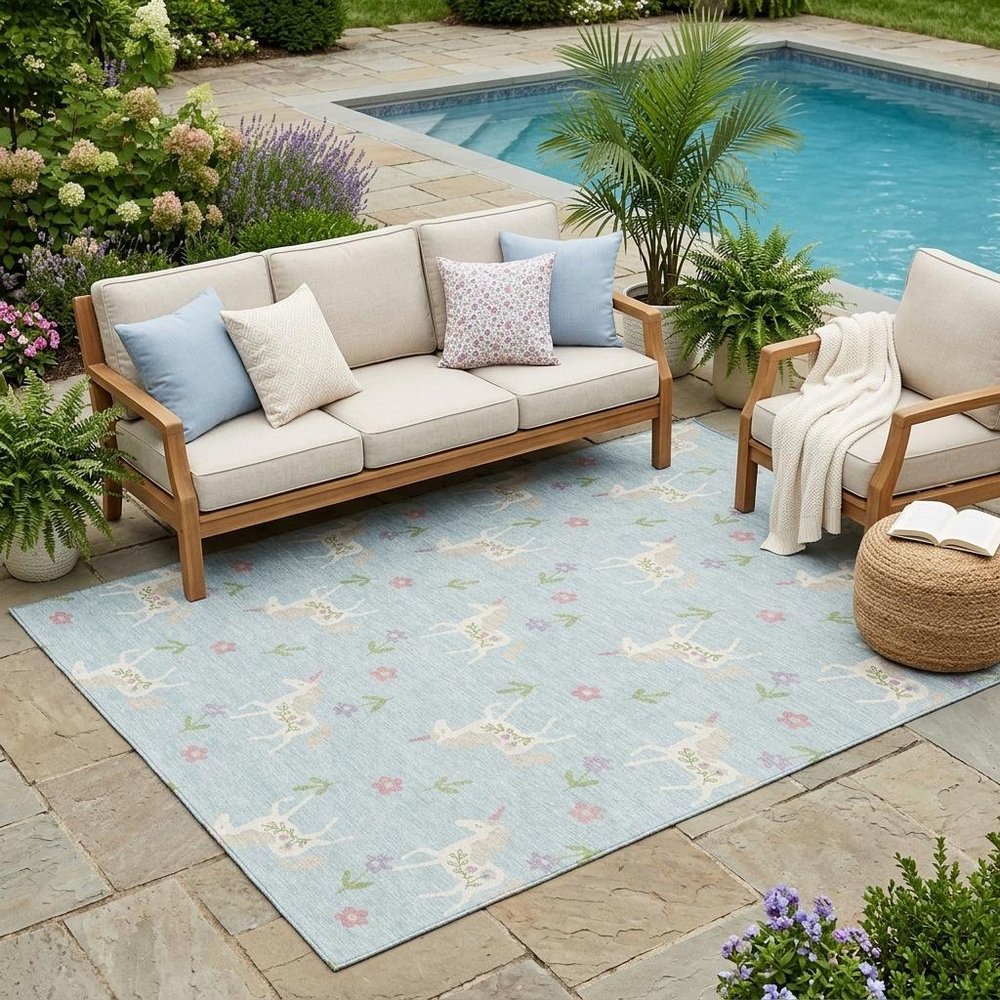 5' X 8' Sky Blue And Blue Floral Washable Indoor Outdoor Area Rug HomeRoots