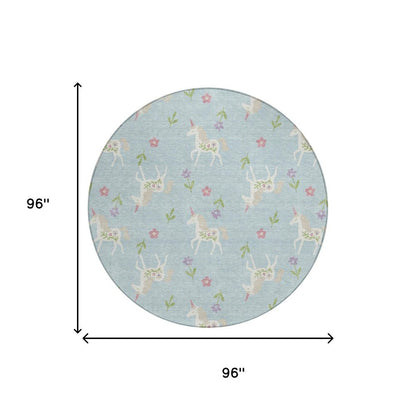 8' Sky Blue And Blue Round Floral Washable Indoor Outdoor Area Rug HomeRoots