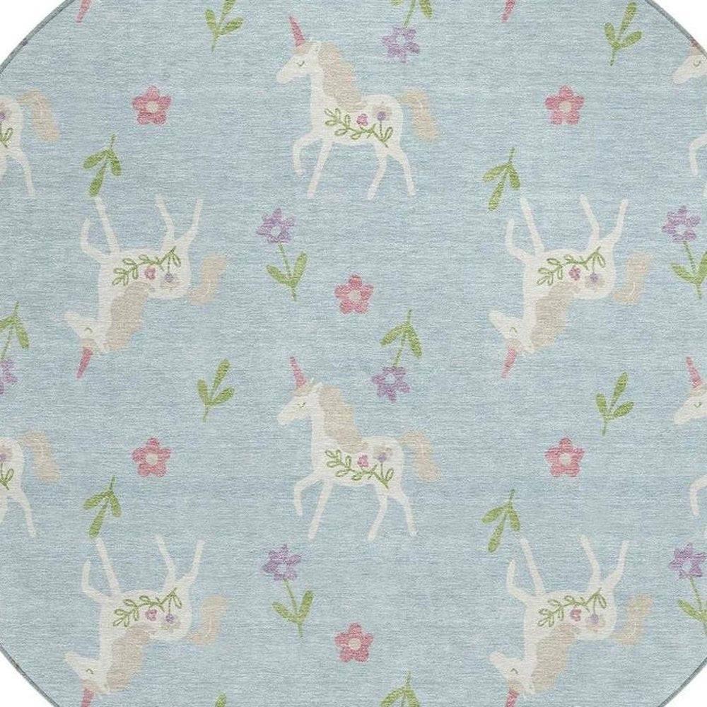 8' Sky Blue And Blue Round Floral Washable Indoor Outdoor Area Rug HomeRoots