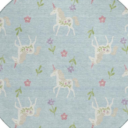 8' Sky Blue And Blue Round Floral Washable Indoor Outdoor Area Rug HomeRoots