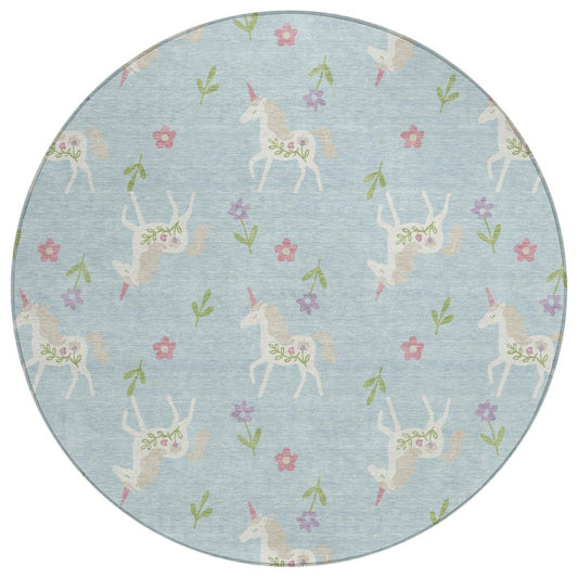 8' Sky Blue And Blue Round Floral Washable Indoor Outdoor Area Rug