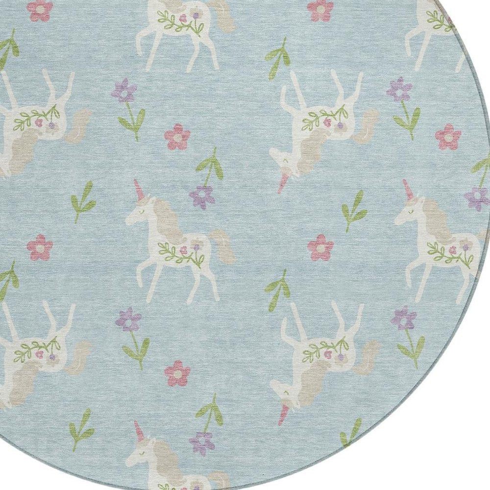 8' Sky Blue And Blue Round Floral Washable Indoor Outdoor Area Rug — view 4