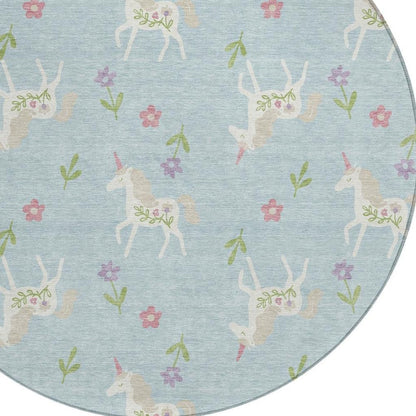 8' Sky Blue And Blue Round Floral Washable Indoor Outdoor Area Rug HomeRoots