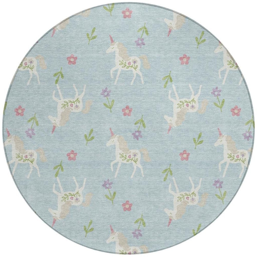 8' Sky Blue And Blue Round Floral Washable Indoor Outdoor Area Rug HomeRoots