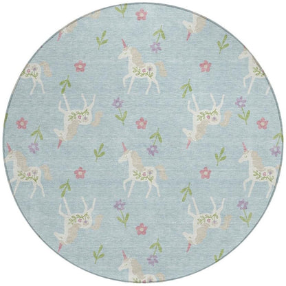 8' Sky Blue And Blue Round Floral Washable Indoor Outdoor Area Rug HomeRoots