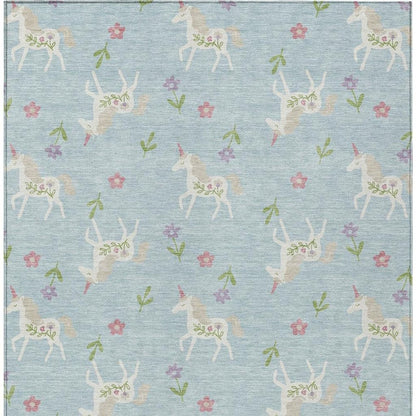 9' X 12' Sky Blue And Blue Floral Washable Indoor Outdoor Area Rug HomeRoots
