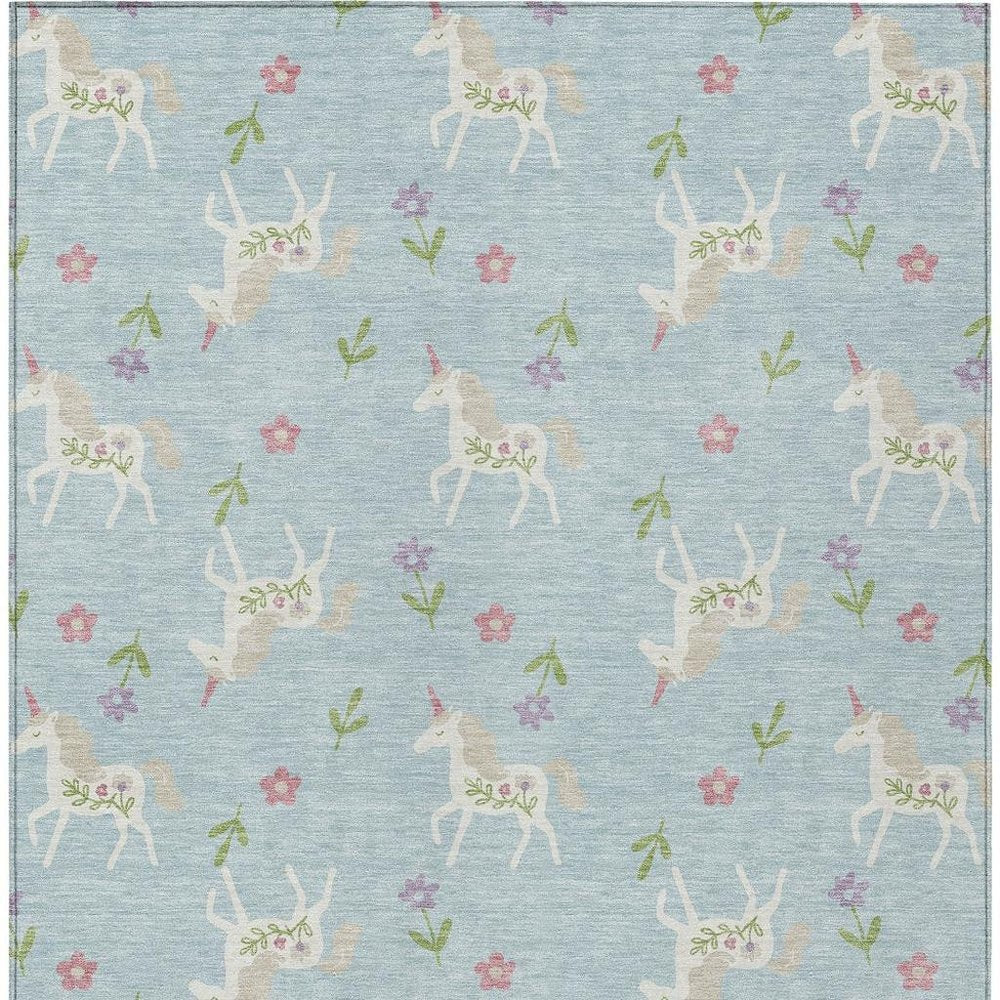 9' X 12' Sky Blue And Blue Floral Washable Indoor Outdoor Area Rug — view 5