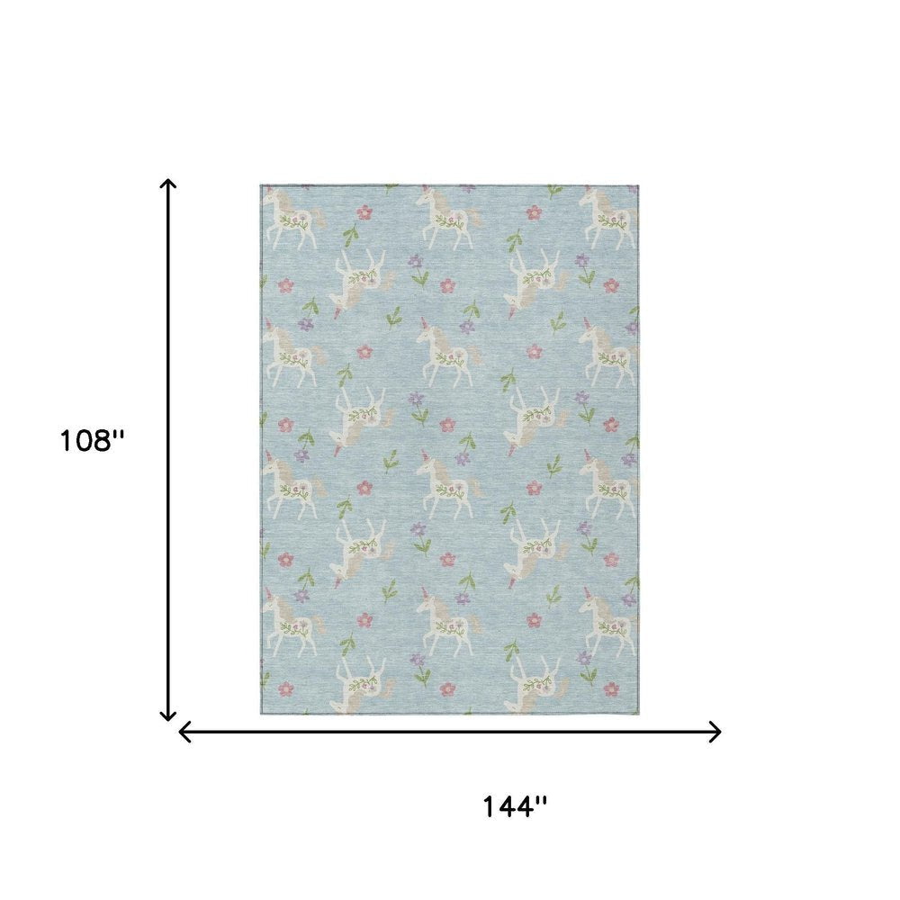9' X 12' Sky Blue And Blue Floral Washable Indoor Outdoor Area Rug — view 6