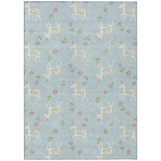 9' X 12' Sky Blue And Blue Floral Washable Indoor Outdoor Area Rug