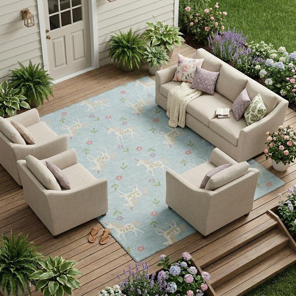 9' X 12' Sky Blue And Blue Floral Washable Indoor Outdoor Area Rug HomeRoots