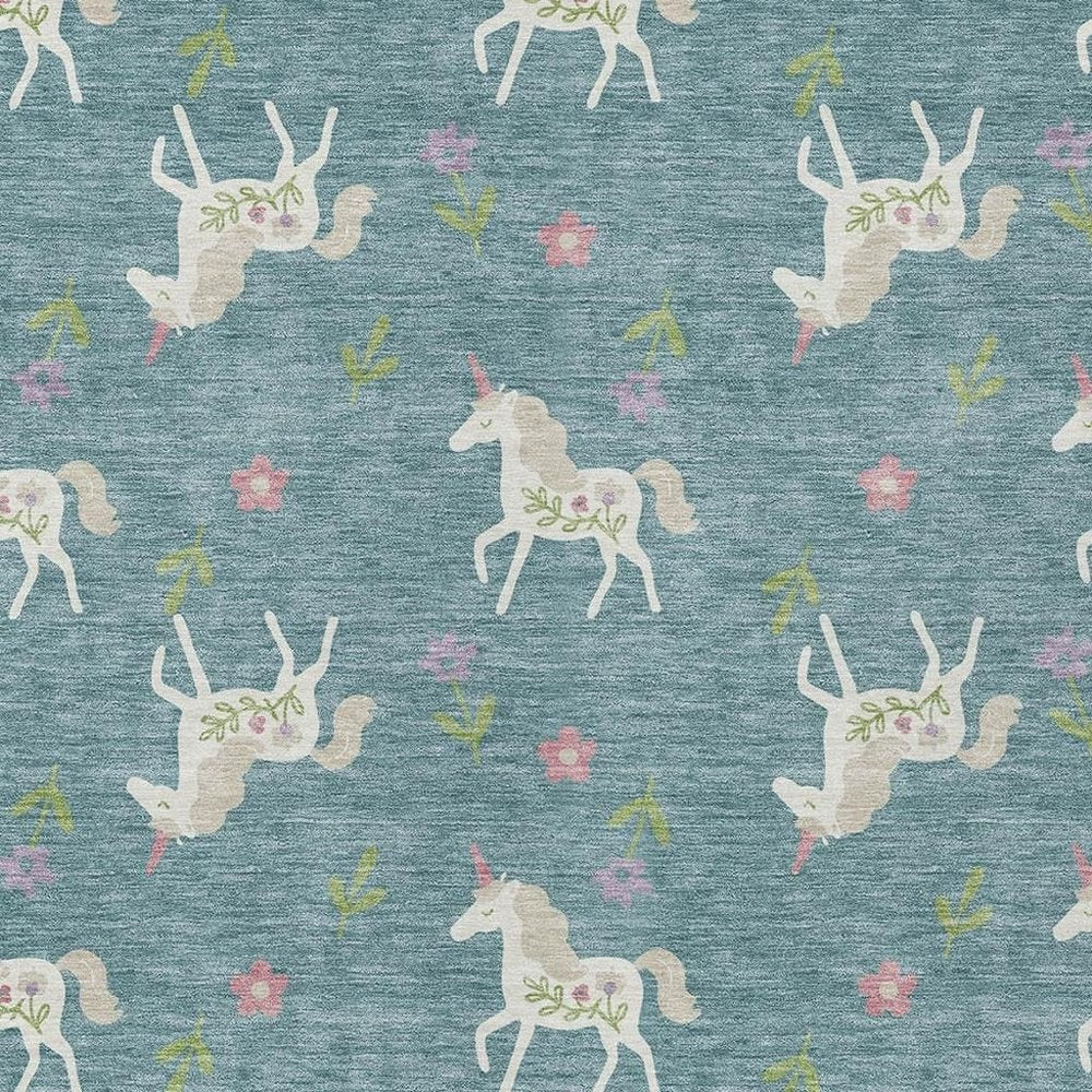 3' X 5' Teal Blue And Beige Floral Washable Indoor Outdoor Area Rug — view 4