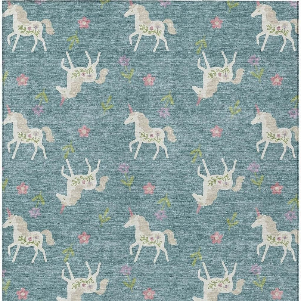 3' X 5' Teal Blue And Beige Floral Washable Indoor Outdoor Area Rug HomeRoots