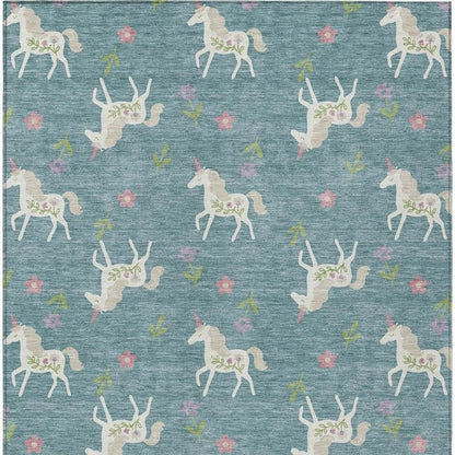 3' X 5' Teal Blue And Beige Floral Washable Indoor Outdoor Area Rug HomeRoots