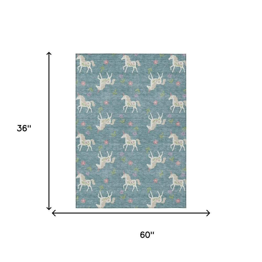 3' X 5' Teal Blue And Beige Floral Washable Indoor Outdoor Area Rug HomeRoots