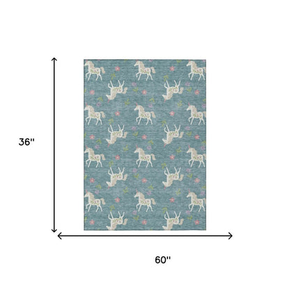 3' X 5' Teal Blue And Beige Floral Washable Indoor Outdoor Area Rug HomeRoots