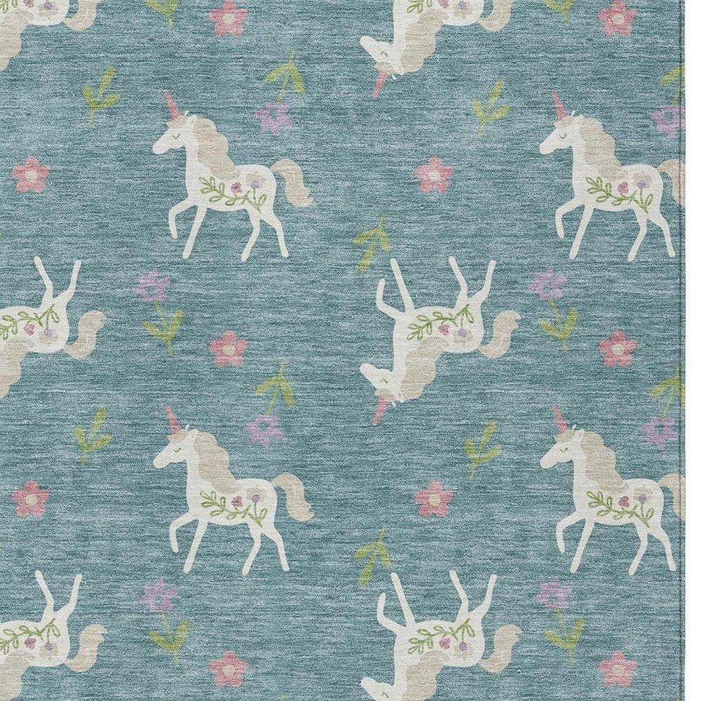 3' X 5' Teal Blue And Beige Floral Washable Indoor Outdoor Area Rug HomeRoots