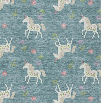3' X 5' Teal Blue And Beige Floral Washable Indoor Outdoor Area Rug HomeRoots