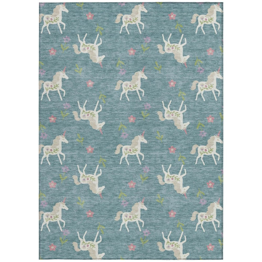 3' X 5' Teal Blue And Beige Floral Washable Indoor Outdoor Area Rug HomeRoots