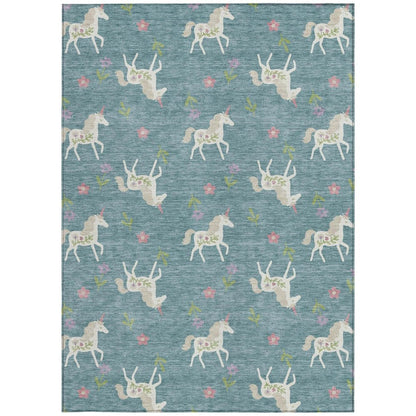 3' X 5' Teal Blue And Beige Floral Washable Indoor Outdoor Area Rug HomeRoots