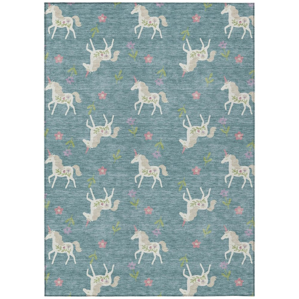 3' X 5' Teal Blue And Beige Floral Washable Indoor Outdoor Area Rug — view 1