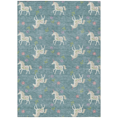 3' X 5' Teal Blue And Beige Floral Washable Indoor Outdoor Area Rug HomeRoots