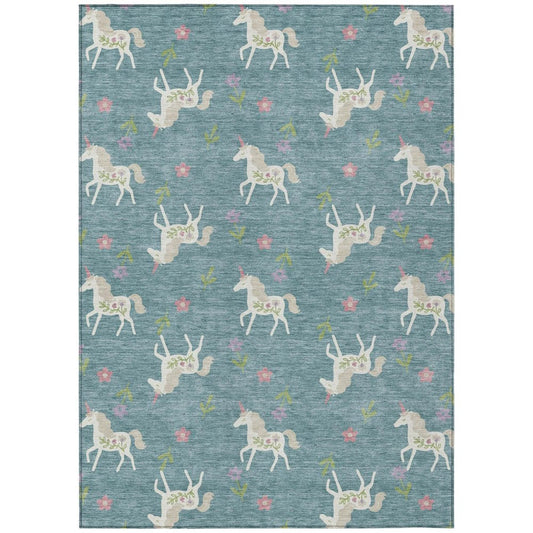 3' X 5' Teal Blue And Beige Floral Washable Indoor Outdoor Area Rug