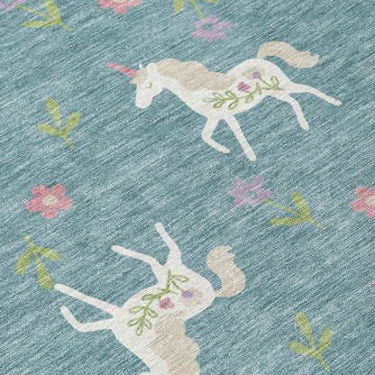 3' X 5' Teal Blue And Beige Floral Washable Indoor Outdoor Area Rug HomeRoots