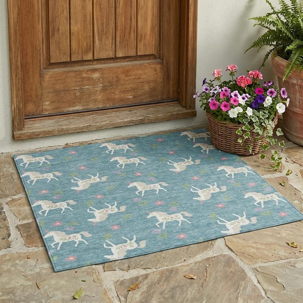 3' X 5' Teal Blue And Beige Floral Washable Indoor Outdoor Area Rug HomeRoots