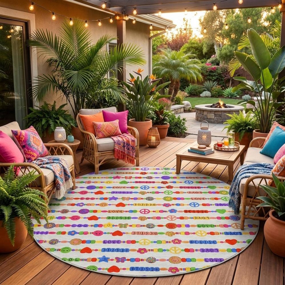 8' Ivory And Olive Green Round Geometric Washable Indoor Outdoor Area Rug — view 8