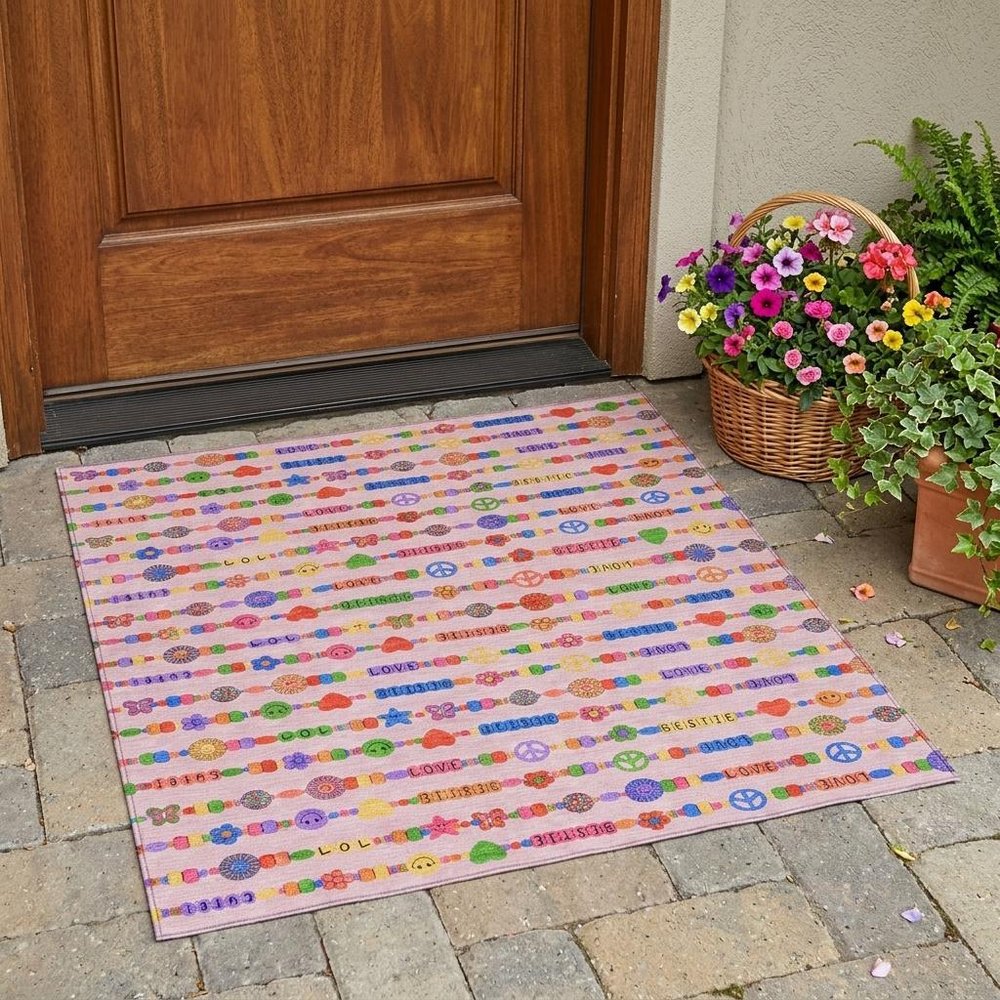 3' X 5' Pink And Fern Green Geometric Washable Indoor Outdoor Area Rug — view 7
