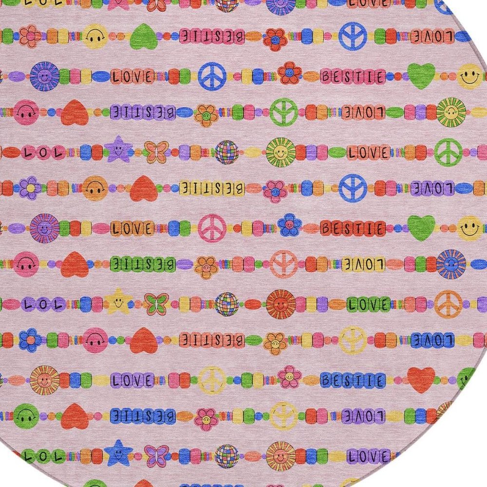 8' Pink And Fern Green Round Geometric Washable Indoor Outdoor Area Rug HomeRoots