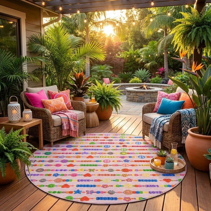 8' Pink And Fern Green Round Geometric Washable Indoor Outdoor Area Rug HomeRoots