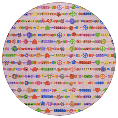 8' Pink And Fern Green Round Geometric Washable Indoor Outdoor Area Rug HomeRoots