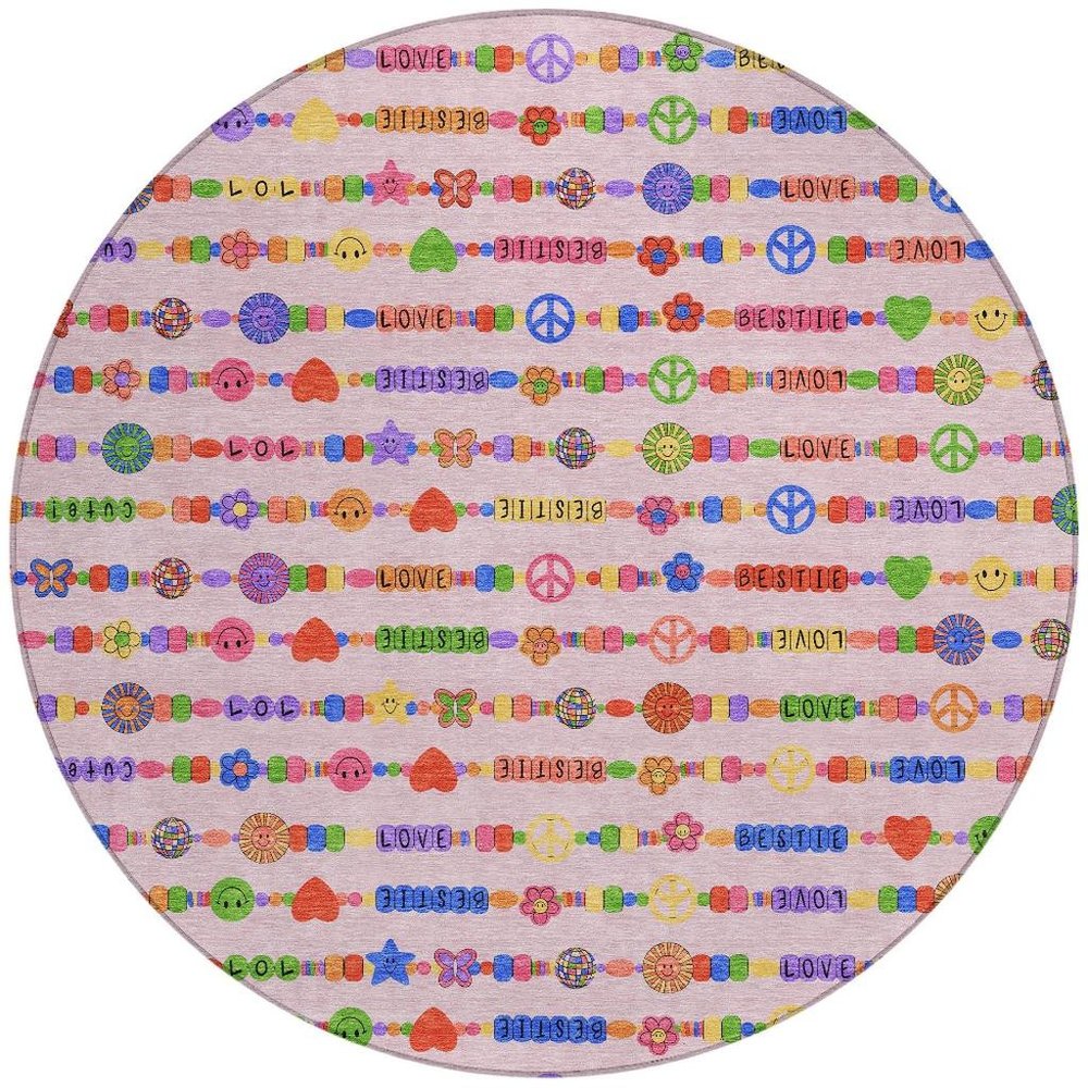 8' Pink And Fern Green Round Geometric Washable Indoor Outdoor Area Rug — view 5