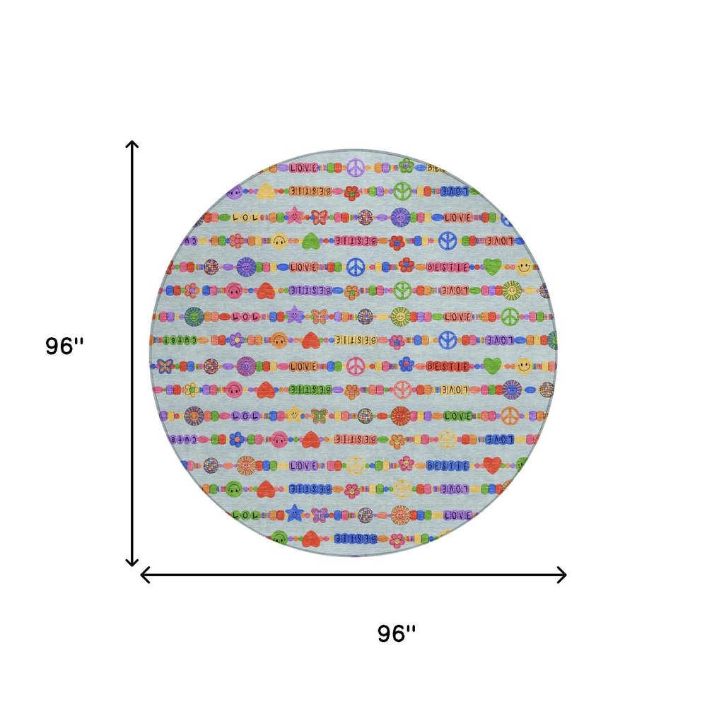 8' Sky Blue And Ivory Round Geometric Washable Indoor Outdoor Area Rug HomeRoots