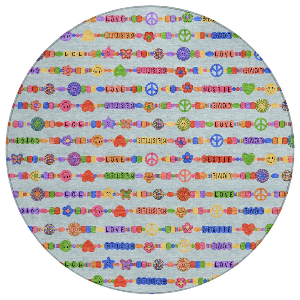 8' Sky Blue And Ivory Round Geometric Washable Indoor Outdoor Area Rug — view 1