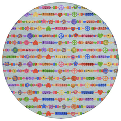 8' Sky Blue And Ivory Round Geometric Washable Indoor Outdoor Area Rug