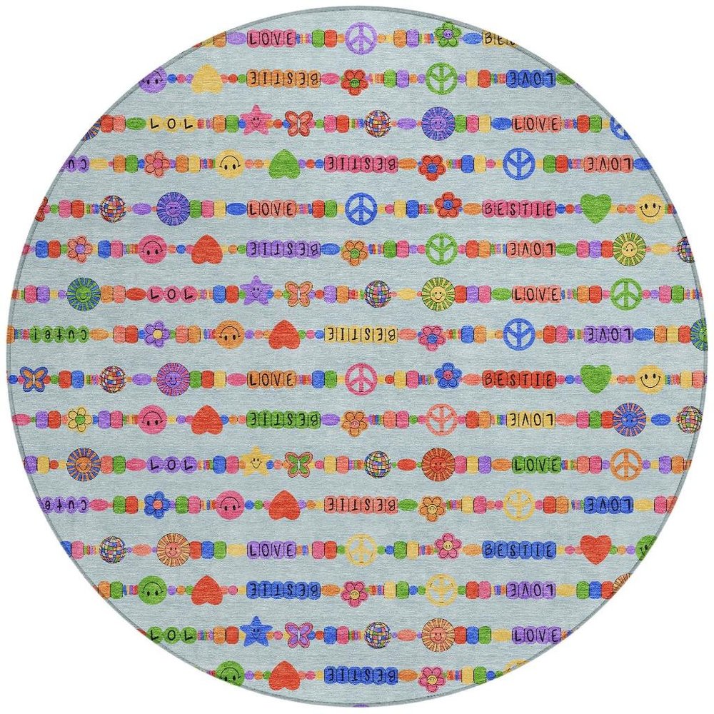 8' Sky Blue And Ivory Round Geometric Washable Indoor Outdoor Area Rug — view 5