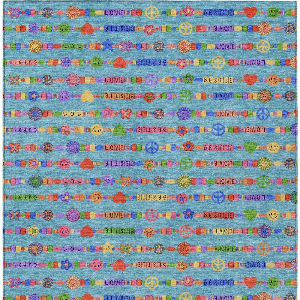 5' X 8' Teal Blue And Beige Geometric Washable Indoor Outdoor Area Rug — view 14