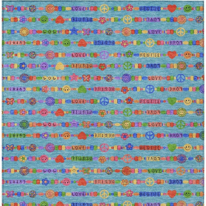 5' X 8' Teal Blue And Beige Geometric Washable Indoor Outdoor Area Rug HomeRoots