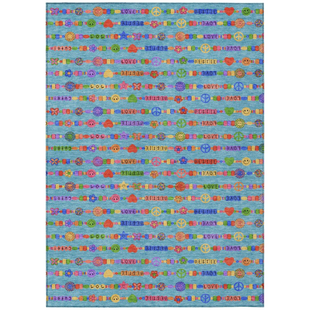 5' X 8' Teal Blue And Beige Geometric Washable Indoor Outdoor Area Rug — view 1