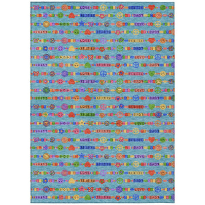 5' X 8' Teal Blue And Beige Geometric Washable Indoor Outdoor Area Rug HomeRoots
